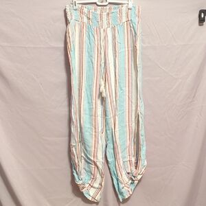Light Blue Multicolor Striped Linen Drawstring Harem Pants
